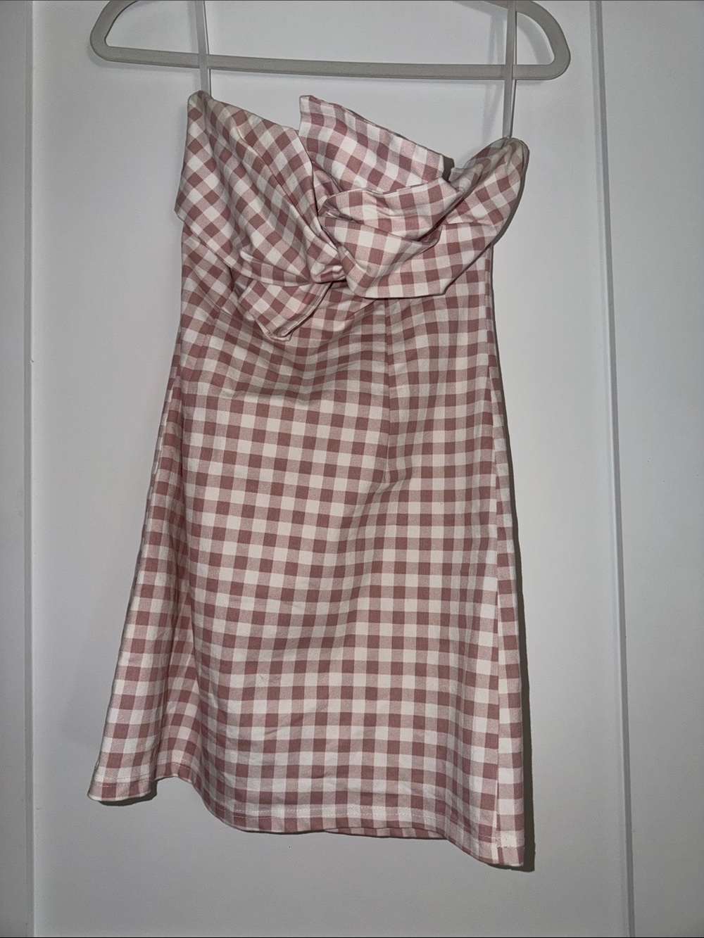 She + Sky Strapless Mauve and White Gingham Bow Dress